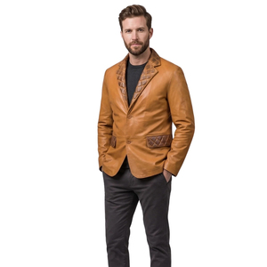 Blazer en cuir véritable marron pour homme, simple boutonnage, col rabattu, coupe ajustée, style décontracté chic - Product Image 4