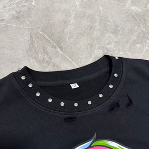 เสื้อยืดวินเทจผู้ชายสไตล์ Y2K ผ้าฝ้ายย้อมสีแบบแอซิดวอช แต่งขาดรุ่ย ขอบเสื้อฉีก ประดับเพชร เสื้อยืดพรีเมียมลายกราฟิก ยุค 90s ทรงครอป - Product Image 4