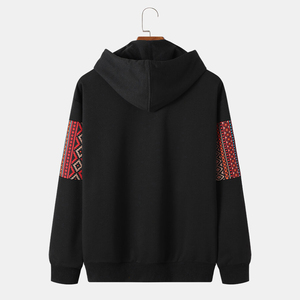 Sudadera con Capucha para Hombre, Negra, con Estampado Azteca Geométrico, Estilo Patchwork, Manga Larga, Informal, para Otoño - Product Image 2