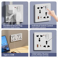 TEP LM6 Prise de courant AC 4 sorties IP20 86mm Standard domestique avec mise à la terre, modules USB de charge rapide pour téléphone portable 13A 250V