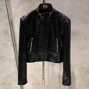 Chaqueta de Moto de Cuero PU para Mujer, Cuello Alto, Manga Larga, Corta, con Patrón de Cocodrilo Repujado, Cierre de Cremallera, Estilo Otoñal - Product Image 1