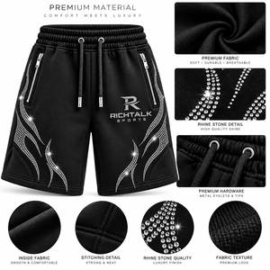 <b>Men's</b> Black Rhinestone Polyester/Cotton Mid Waist Elastic <b>Shorts</b> Drawstring <b>Zip</b> <b>Pockets</b> Breathable Summer Sporty Style - Product Image 6