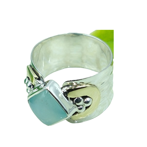 Anillo de Calcedonia Azul, Plata de Ley 925 Sólida con Anillo de Latón, Anillo Decorativo Hecho a Mano con Acabado Martillado para Regalo de Joyería de Calcedonia - Product Image 1
