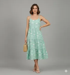 Floral Print Spaghetti Strap Midi <b>Dress</b> With Tiered Hem <b>Loose</b> A-Line Boho Style Summer Casual <b>Dress</b> For Women - Product Image 5