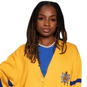 Cardigan Jaune Sigma Gamma Rho pour Femme, Manches à Rayures Bleues, Boutons, Style Premium, Pull de Sororité Grecque - Product Image 4