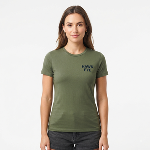 T-shirt à manches courtes col rond vert olive pour femme Hawk Eye, coupe classique, 100% coton, jersey décontracté, logo imprimé - Product Image 6