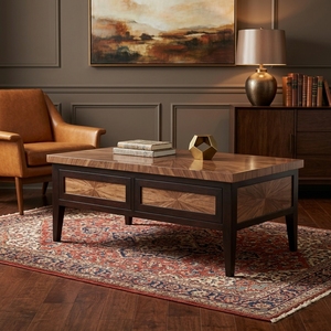 Table basse rectangulaire en bois massif de style rustique moderne avec plateau en parquet incrusté, cadre en bois brun foncé, table d'appoint pour salon - Product Image 4