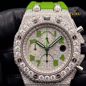 Luxury ETA Iced Moissanite <b>Chronograph</b> Watch Full Stone Set Bezel Green Stainless Steel Strap Silver Tone Dial <b>Automatic</b> - Product Image 1