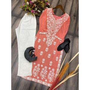 BORDADO HILO RAYON MODA TRABAJO KURTI CON PALAZZO PEACH - Product Image 5