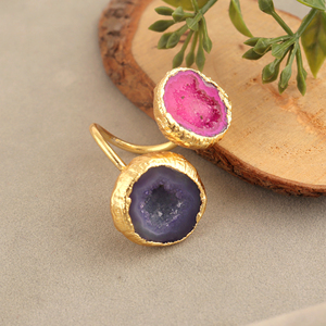 Natural Crystal Pink Blue Geode Druzy Adjustable Open <b>Ring</b> Brass 18k Gold Plated Double Stone <b>Statement</b> Jewelry <b>Rings</b> for Women - Product Image 3