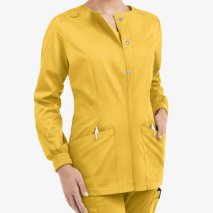 Blouse d'infirmière personnalisée OEM, col rond, fermeture à boutons-pression, poignets tricotés, prix de gros, élégante, unie, pour B2B - Product Image 1