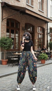 Pantalon Harem en coton pour femmes, imprimé floral, taille élastique, coupe ample, décontracté, style bohème, pantalon ballon léger, streetwear, vêtements de détente - Product Image 3