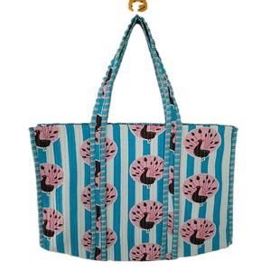 Sac fourre-tout en coton matelassé à rayures bleues et imprimé paon, fait main, pour femme, à porter à l'épaule, réutilisable, léger, grand format, vintage, pour le shopping - Product Image 1