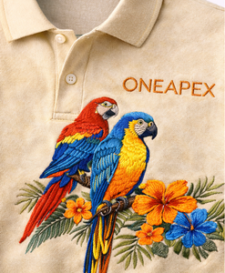 เสื้อโปโลผู้ชายลายพิมพ์นกแก้วเขตร้อน – เสื้อโปโลลำลองลายดอกไม้สไตล์วินเทจ - Product Image 3