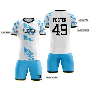 Uniforme de Fútbol Personalizado Blanco y Azul con Estampado Geométrico, Cuello en V, Manga Corta, 100% Poliéster, Absorbe la Humedad, Unisex, para Adultos - Product Image 2