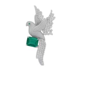 Exquisito broche de cisne en oro blanco de 18 quilates con alas detalladas con diamantes pavé y piedra preciosa verde esmeralda, obra maestra de lujo de alta costura. - Product Image 1