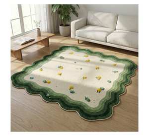 Alfombra de Lana 100% Nueva de Nueva Zelanda, Hecha a Mano, con Borde Festoneado y Diseño Floral Botánico Tallado en 3D, Forma Irregular - Product Image 1