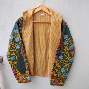 Premium Handcrafted Velvet Suzani Rajasthani Kashmiri Crewel Hand Embroidery Breathable Eco-Friendly <b>Quilted</b> Bomber Jacket - Product Image 1