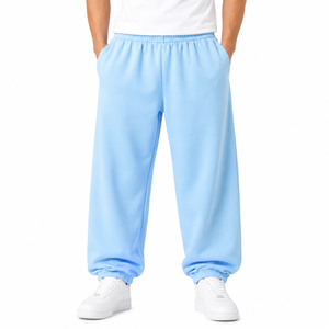 Men's Navy Blue Fleece Sweatpants Elastic Waist Casual Joggers With Side Pockets Midweight Knitted Pants Autumn Wear - Product Image 2