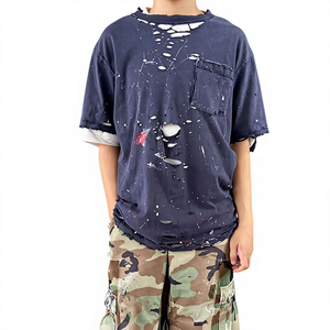 เสื้อยืดสไตล์สตรีทแวร์แบบเรียบ โลโก้ดีไซน์ขาดๆ ทรงปกติ ผ้าฝ้าย 100% ทรงเข้ารูปสำหรับผู้ชาย คุณภาพสูง ป้องกันการยับ - Product Image 3