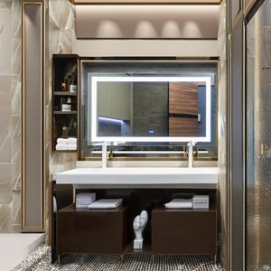 Enbl ชุดโต๊ะเครื่องแป้งในห้องน้ำระดับโรงแรมหรูหราทันสมัยติดผนังทำจากไม้เนื้อแข็งติดผนังกระจกสมาร์ทหินเทียมสีดำ - Product Image 1