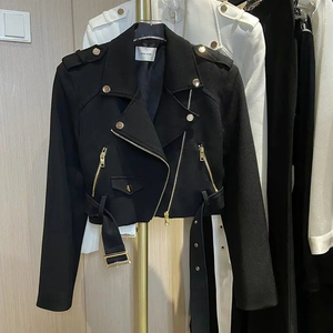 White Genuine Leather Moto Jacket Women Short Sleeve <b>Zipper</b> Front Turn-down Collar Solid Color Autumn Fashion Biker <b>Coat</b> - Product Image 3