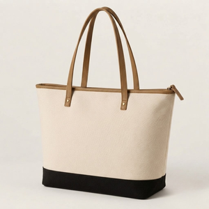 Zipper Top Cotton Tote <b>Bag</b> Eco Friendly Leather Handle Large Capacity Women <b>Shoulder</b> Handbag Reusable Color Block Wedding Custom - Product Image 5