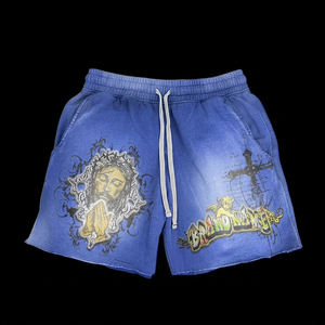 Shorts en molleton de coton épais délavé bleu roi avec logo brodé personnalisé et imprimé toile d'araignée sur les côtés pour femme - Product Image 3