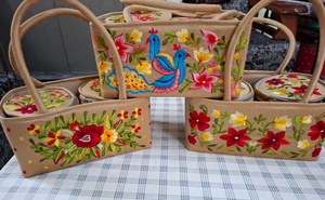 Handcrafted Premium Jute <b>Vanity</b> <b>Bag</b> Organizers Set of Three with Traditional Indian Floral and Peacock Thread Embroidery - Product Image 1
