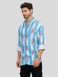 Chemise décontractée pour homme à rayures bleues et blanches, imprimé floral, manches longues, col rabattu, respirante, en polyester, pour toutes les occasions - Product Image 3