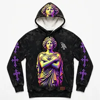 Sweat à capuche oversize pour homme avec imprimé déesse grecque, manches croisées violettes, style streetwear, tissu FRENCH TERRY, vêtement d'automne