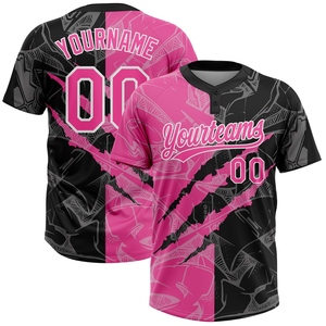 Wholesale Direct Industry Best Selling Custom White Teal Pinstripe Pink Two-<b>Button</b> Unisex Softball Jersey - Product Image 5