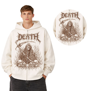 เสื้อฮู้ดซิปพิมพ์ลายโกธิคแบบกำหนดเอง ผ้าฝ้ายฟลีซทรงโอเวอร์ไซส์ สตรีทแวร์ ซิปเต็มตัว โลโก้แบบกำหนดเอง จำหน่ายจำนวนมาก - Product Image 2