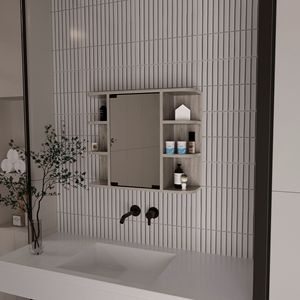 Armoire à pharmacie Roseburg gris clair avec 6 étagères et miroir, solution de rangement pour salle de bain - Product Image 1