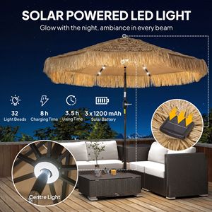 Ombrellone da Patio Tiki in Paglia Khaki da 2,7 m con Luce Solare a LED, Manovella e Inclinazione, Protezione UPF30+ per Esterni, Cortili e Ristoranti - Product Image 4