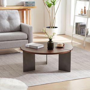 Walnut Wood Round Coffee <b>Table</b> with Black Metal <b>Feet</b> - Product Image 1