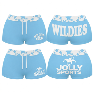 Shorts de sport pour femmes, 260 GSM, polyester et élasthanne, bleu ciel, ceinture à étoiles, impression par sublimation, logo personnalisé. - Product Image 1
