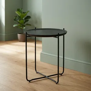 Modern <b>Black</b> Metal <b>Side</b> <b>Table</b> With <b>Round</b> Wooden Tray Top Minimalist Accent End <b>Table</b> for Living Room Bedroom Home Decor - Product Image 1