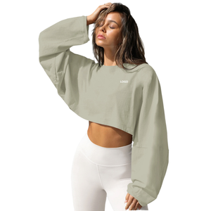 Top Corto de Manga Larga para Mujer, Talla Grande, Tejido Sólido, 100% Algodón, Cuello Redondo, Forrado, Transpirable, con Logotipo Frontal, Otoño Invierno - Product Image 1