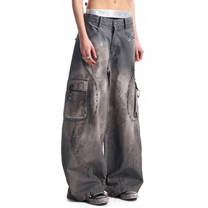 Jean cargo baggy en denim pour homme, coupe ample, jambe large, style streetwear, délavé, avec détails rivets, en coton épais, pantalon d'hiver - Product Image 3