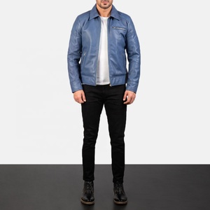 Men's Genuine Leather Cow Skin Biker <b>Jacket</b> Zipper Blue Finish Quilted Nylon Lining Pockets <b>Winter</b> <b>Waterproof</b> - Product Image 1