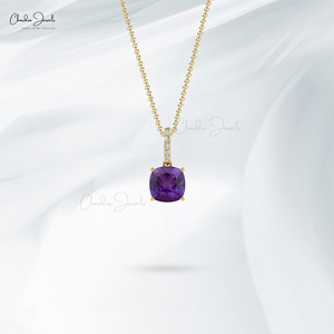 Popular Products 6mm Cushion Cut African Amethyst Dangling <b>Pendant</b> with 14k <b>Solid</b> <b>Gold</b> Diamond Accent Wedding Gift <b>Pendant</b> - Product Image 6