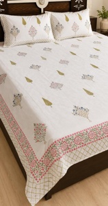 <b>King</b> <b>Size</b> Hand Block Print Cotton Bedsheet Set White Floral Bedding with 2 Pillow Covers Handmade Jaipur Linen - Product Image 6
