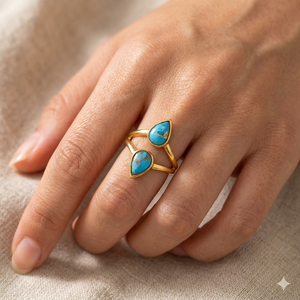 Bague artisanale en laiton à double pierre précieuse, onyx vert et turquoise, prix d'usine, bijou à bande ouverte pour la mode - Product Image 2