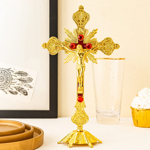 Crucifix mural en or avec base, représentant Jésus-Christ sur la croix, décoration religieuse chrétienne pour église, chapelle, etc. - Product Image 2