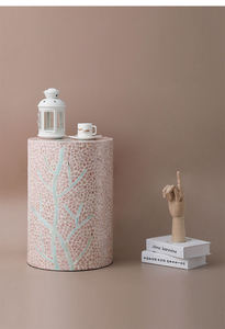 Pink Branch Motif Cylinder Accent Stools Mother of Pearl Handcrafted <b>Mosaic</b> Small Side Table For Living Room Bedroom Decor - Product Image 2