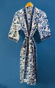 Bata Kimono de Algodón Azul con Estampado Artesanal para Mujer, Ropa de Estar por Casa con Diseño Floral, Bata Casual y Cómoda - Product Image 2