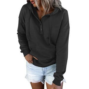 2026 Fashion Trend Long Sleeve Loose Casual V-collar Button Hooded Drawstring Pocket Hoodie - Product Image 4