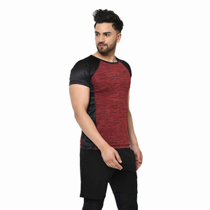 T-shirt à manches raglan pour homme, rouge et noir, couleur unie, col rond, séchage rapide, coupe ajustée, sportif, tricoté en polyester, manches courtes, vêtements de sport - Product Image 2
