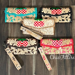 Factory Price Hand Tooled Genuine Leather Long <b>Wallet</b> Stylish Floral checkered Cherry Pattern Wristlet RFID Women's Clutches - Product Image 1